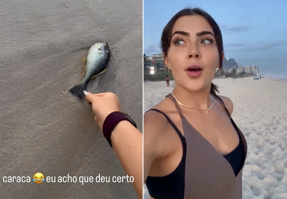 Jade Picon tenta salvar peixe em praia — Foto: Reprodução/Instagram
