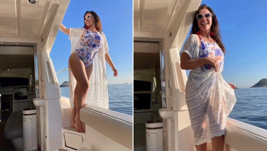 Aos 58 anos, Luma de Oliveira arrasa de maiô florido em passeio de barco