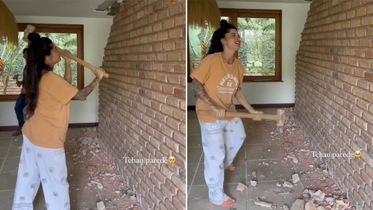 Aline Campos mostra perrengue ao tentar derrubar parede com marreta; vídeo
