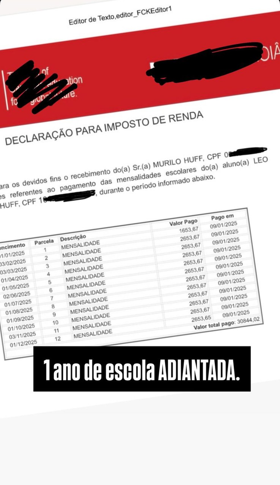 Murilo Huff compartilha declaração de imposto de renda — Foto: Reprodução/Instagram