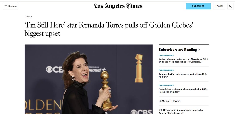 Los Angeles Times repercute vitória de Fernanda Montenegro no Globo de Ouro — Foto: Reprodução/Los Angeles Times