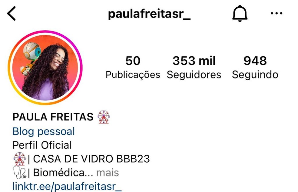 Perfil de Paula 24 horas depois de aparecer na Casa de Vidro — Foto: Reprodução/Instagram