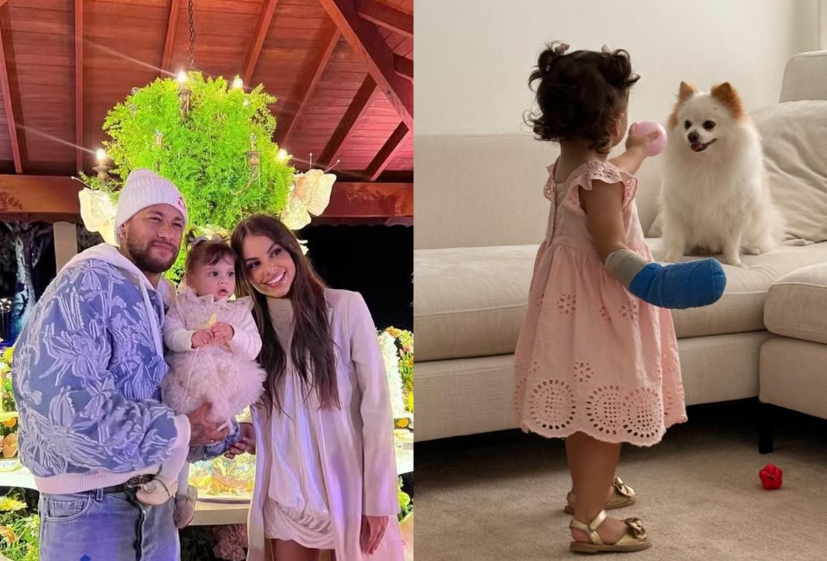 Com curativo no braço, Helena, filha de Neymar e Amanda Kimberlly, encanta  ao brincar com cachorro