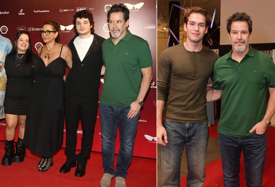 Karol Lannes e Murilo Benício com elenco de 'Pai de Primeira Viagem', e Murilo com o caçula, Pietro Antonelli