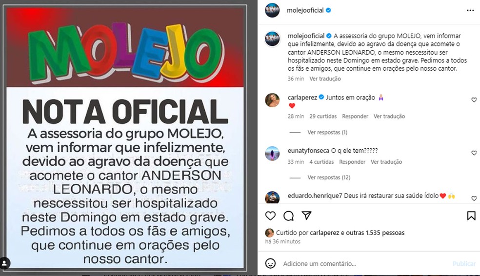 Anderson Leonardo, do Molejo, volta a ser internado e está em estado grave — Foto: Reprodução/Instagram