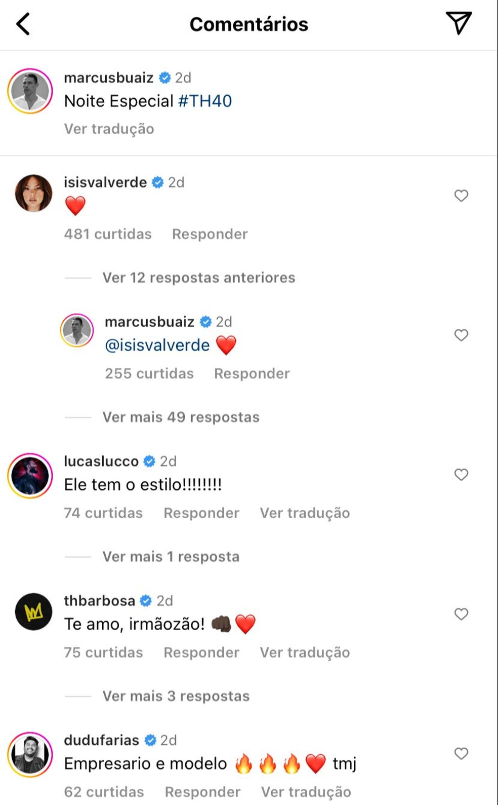 Comentários de Isis Valverde e Marcus Buaiz no Instagram — Foto: Instagram