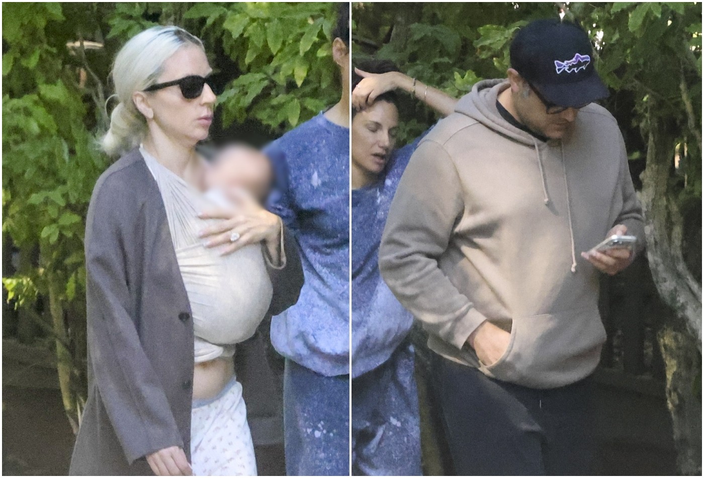 Lady Gaga caminhando ao ar livre ao lado de Michael Polansky enquanto segura seu bebê no colo.