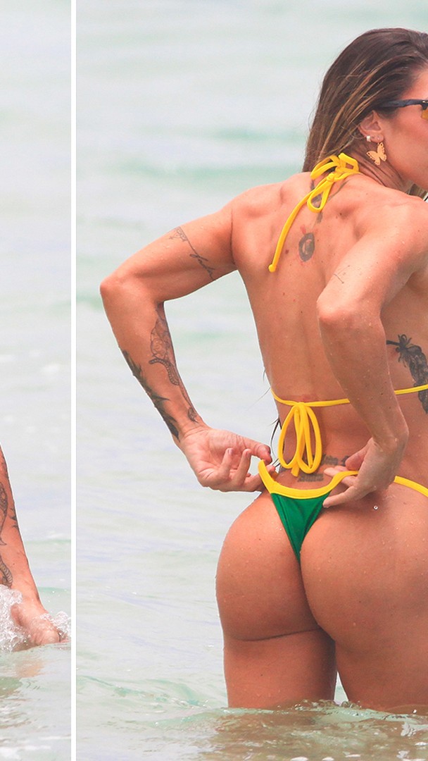 Rainha de bateria Tati Minerato usa cores do Brasil em biquíni para dia de  praia no Rio