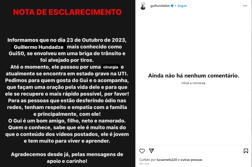 Família de Guillermo Hundadze atualiza estado de saúde do ator — Foto: Reprodução/Instagram