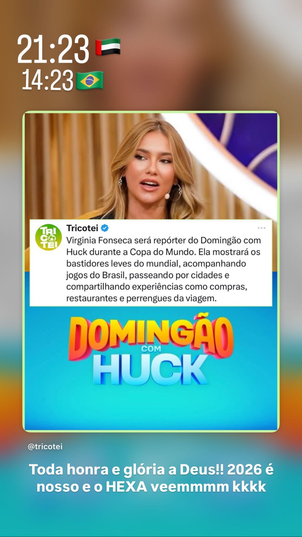Virginia confirma papel no 'Doming&atilde;o' durante a Copa &mdash; Foto: Reprodu&ccedil;&atilde;o/Instagram