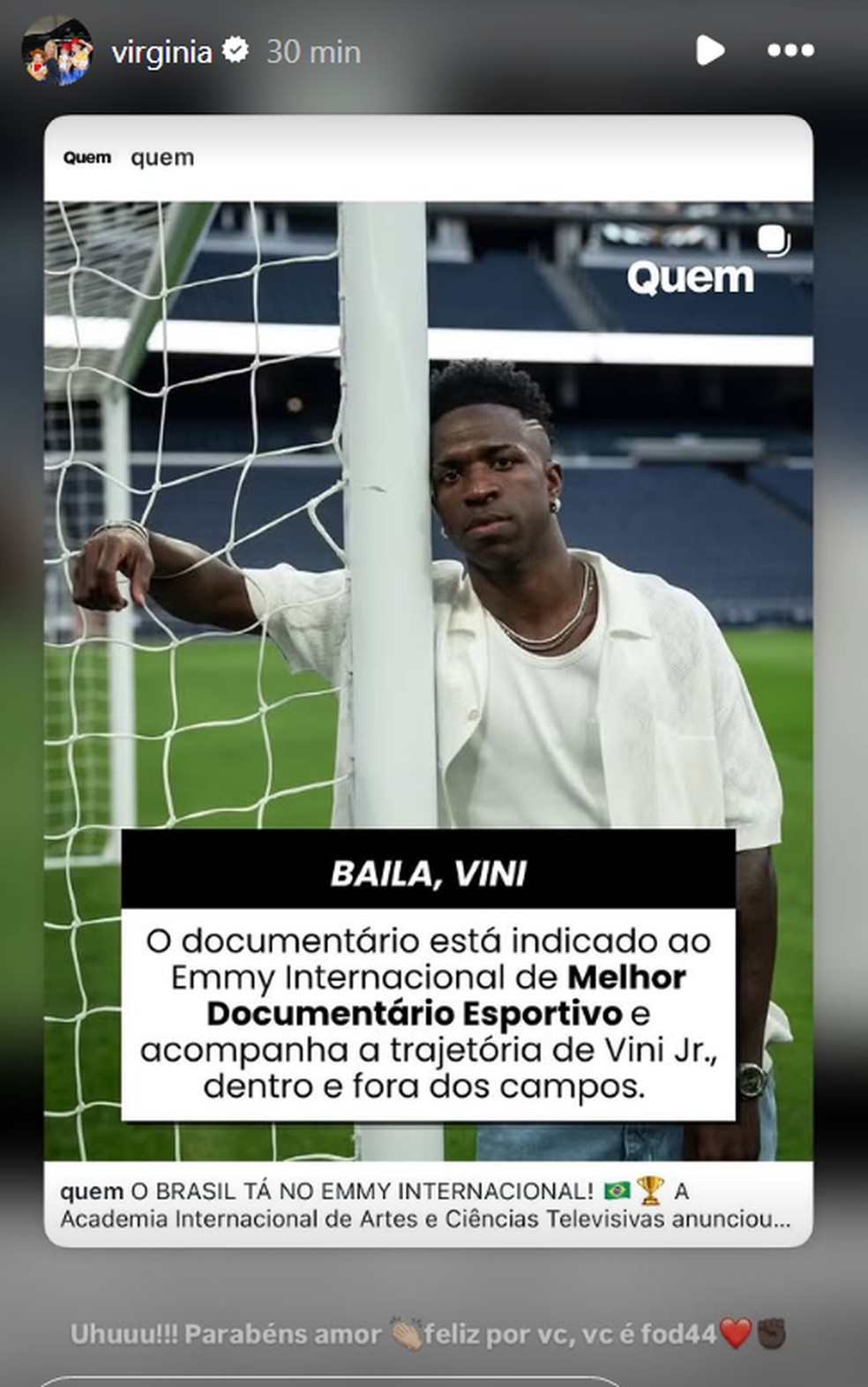 Virginia reage após documentário sobre Vini Jr. ser indicado ao Emmy Internacional — Foto: Reprodução/Instagram