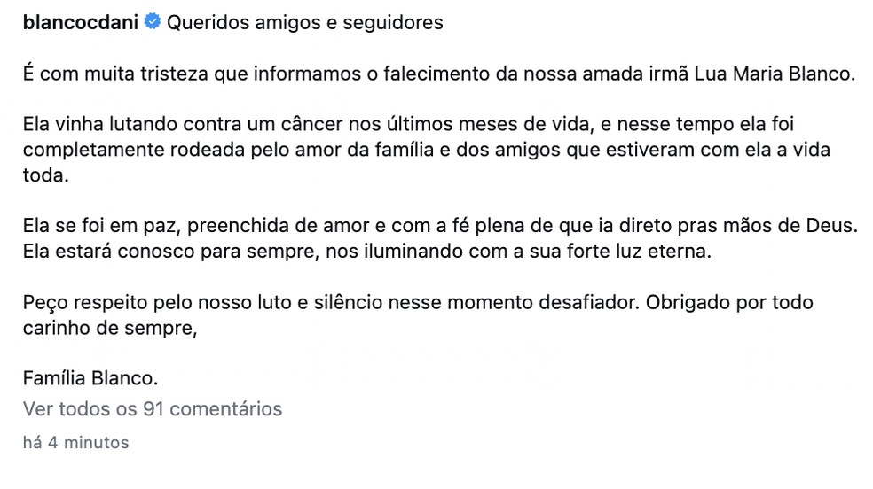 Postagem da Família Blanco — Foto: Reprodução/Instagram