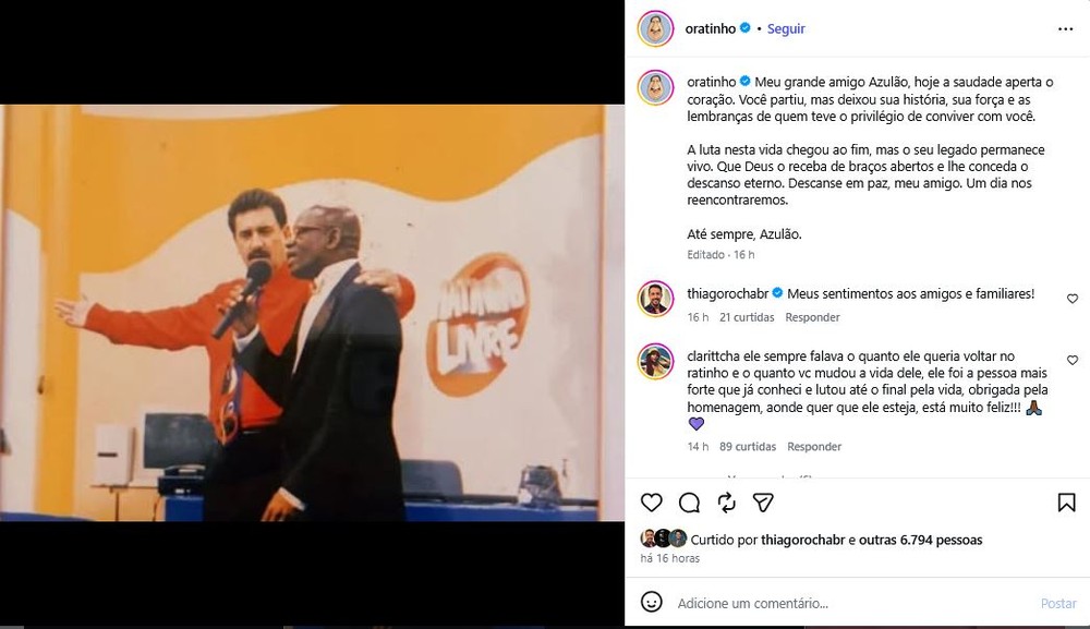 Ratinho lamenta morte de Azulão, seu ex-assistente de palco