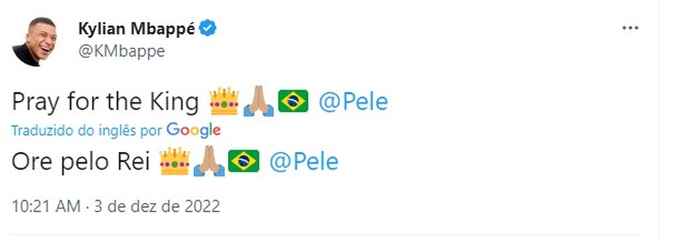  Kylian Mbappé manda mensagem para Pelé — Foto: Reprodução/Twitter