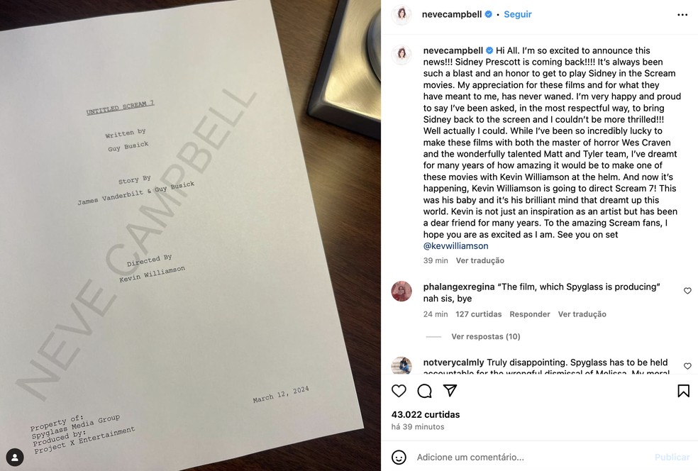 Neve Campbell confirma volta para 'Pânico' — Foto: Reprodução/Instagram
