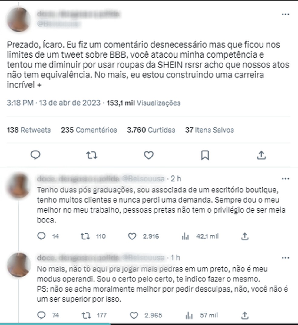 Ícaro Silva se desentende com internauta ao defender Aline Wirley   — Foto:  Reprodução/Twitter