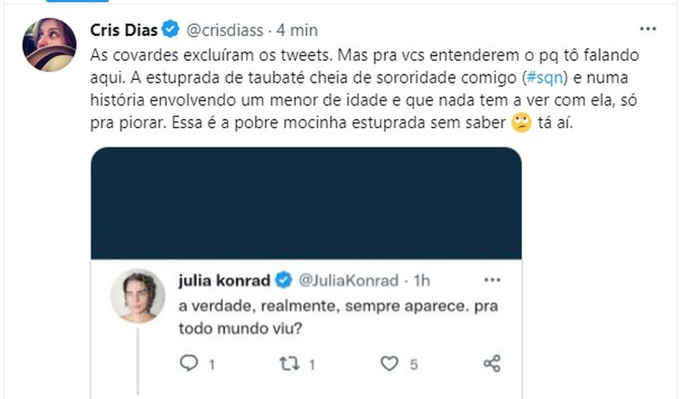 Cris Dias detona Julia Konrad — Foto: Reprodução/Twitter