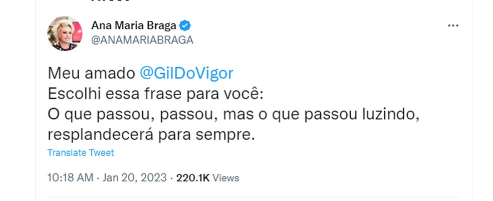 O tweet de Ana Maria Braga — Foto: Reprodução Twitter