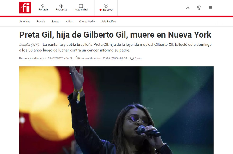 A Radio France Internationale repercute morte de Preta Gil — Foto: Reprodução