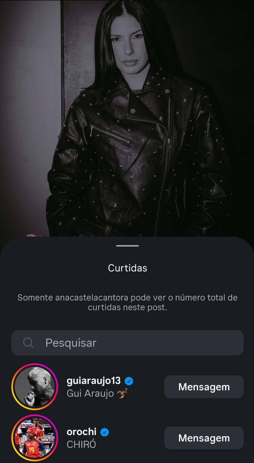 Curtida de Orochi em foto de Ana Castela viraliza; ex do rapper, Lara Jucah, ficou com Zé Felipe, que é ex da sertaneja — Foto: Reprodução/Instagram