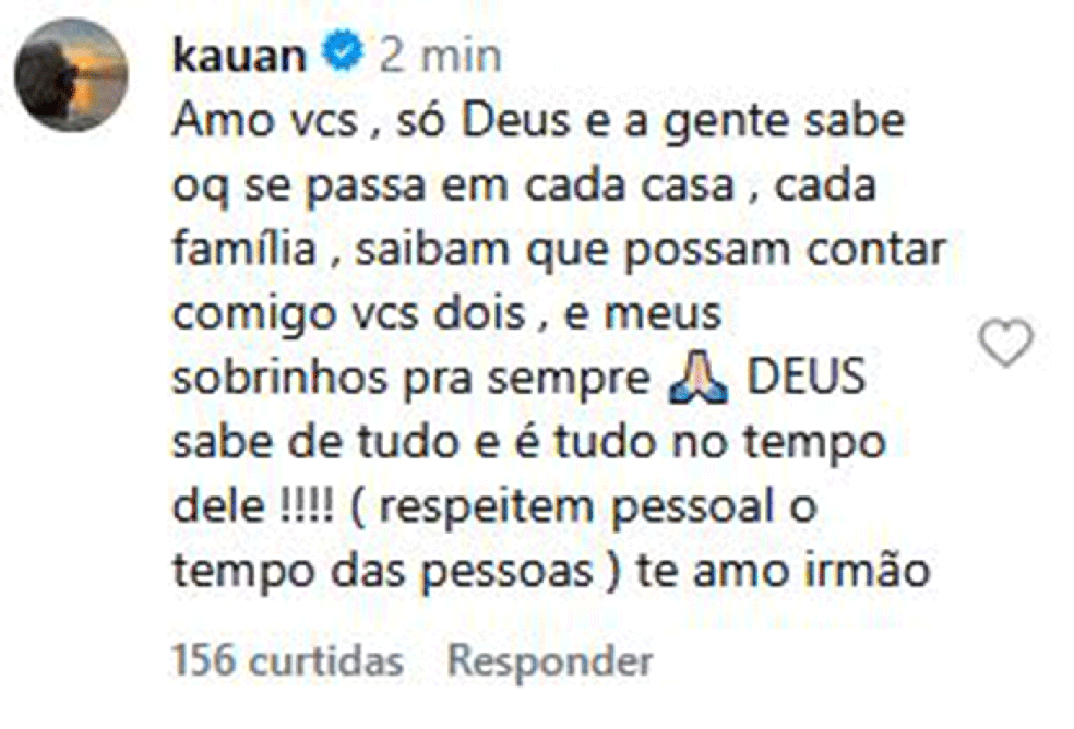 Kauan comenta em post de separa&ccedil;&atilde;o de Matheus e Paula &mdash; Foto: Reprodu&ccedil;&atilde;o/Instagram