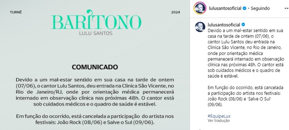Comunicado sobre saúde e cancelamento de shows de Lulu Santos — Foto: Reprodução/Instagram