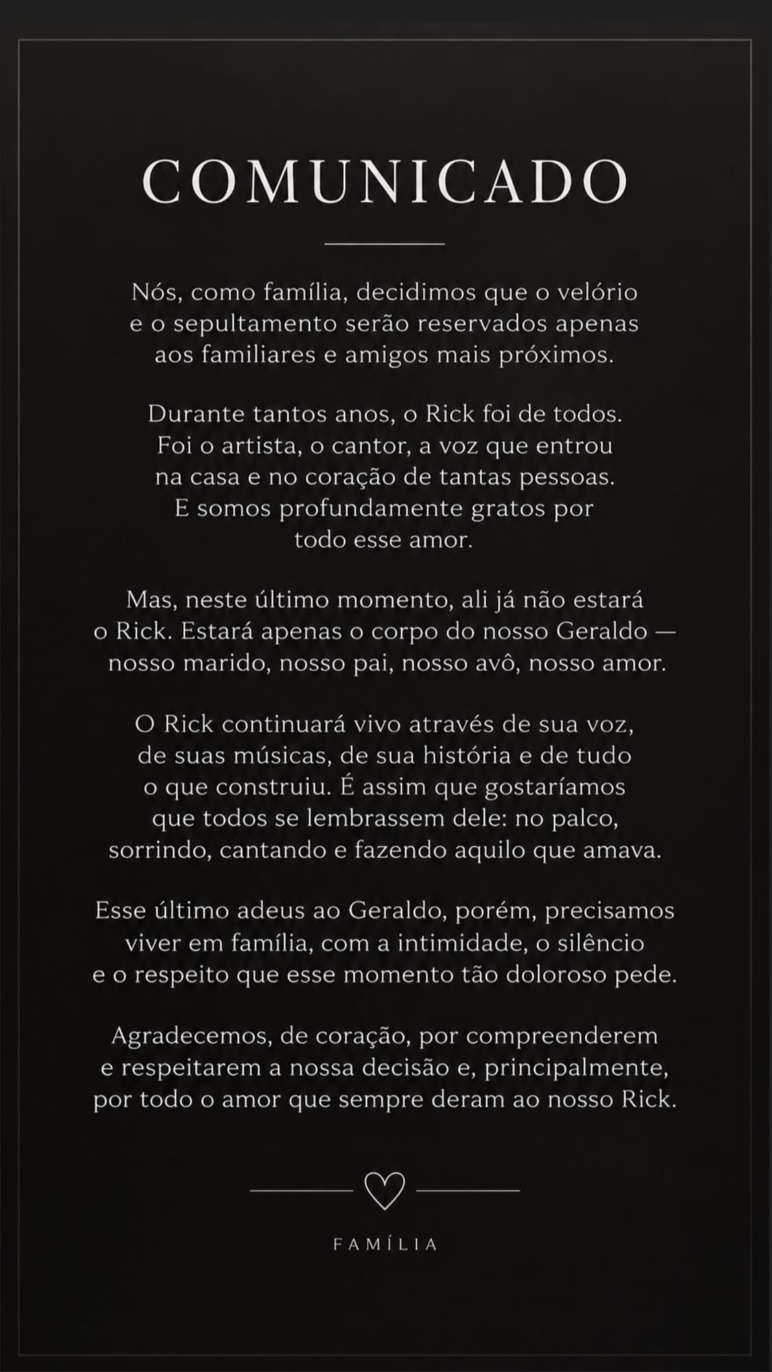 Esposa de Rick justifica velório íntimo do cantor no interior de São Paulo: 'Precisamos viver em família, com a intimidade, o silêncio e o respeito'