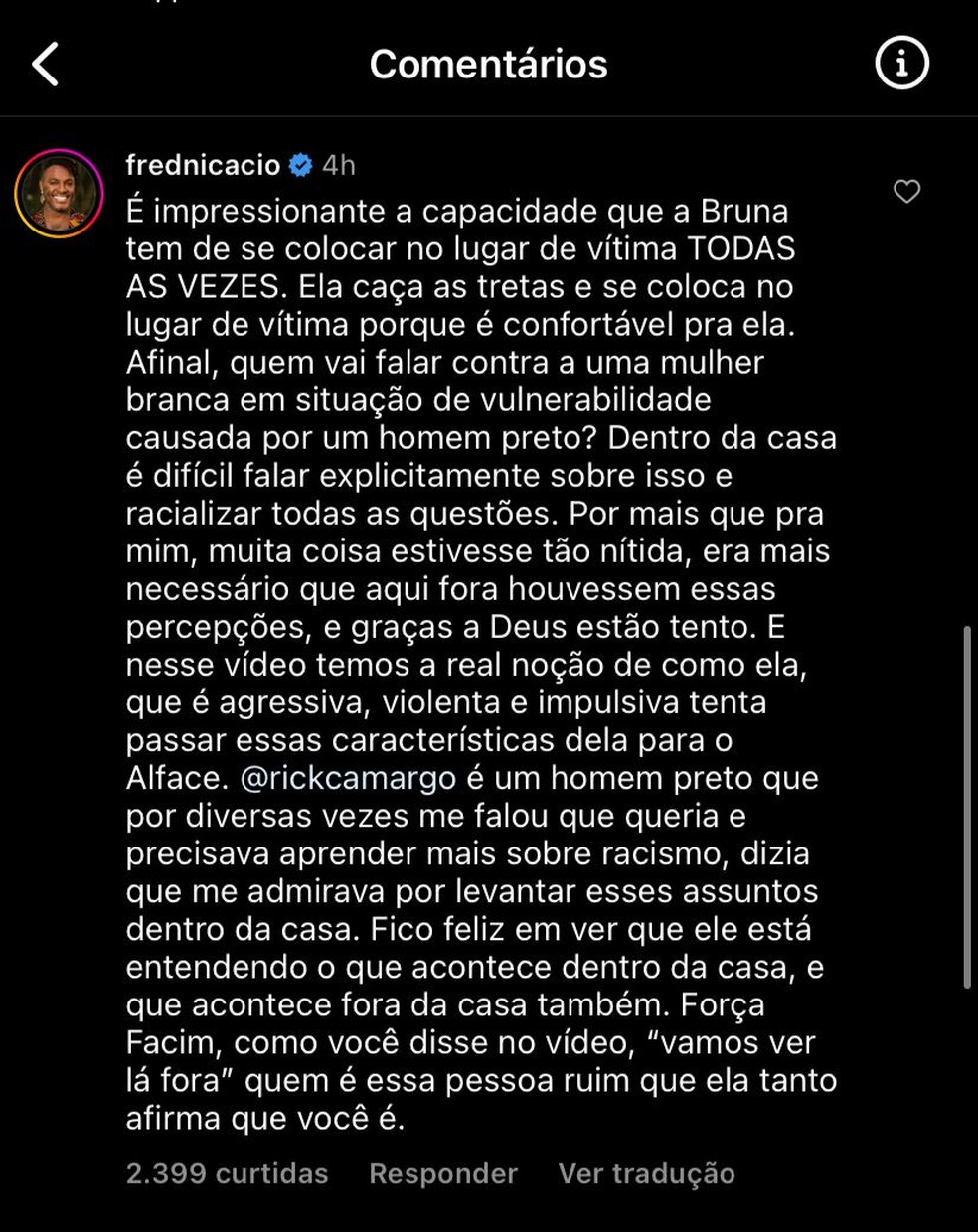 Fred Nicácio critica Bruna Griphao — Foto: Reprodução/Instagram
