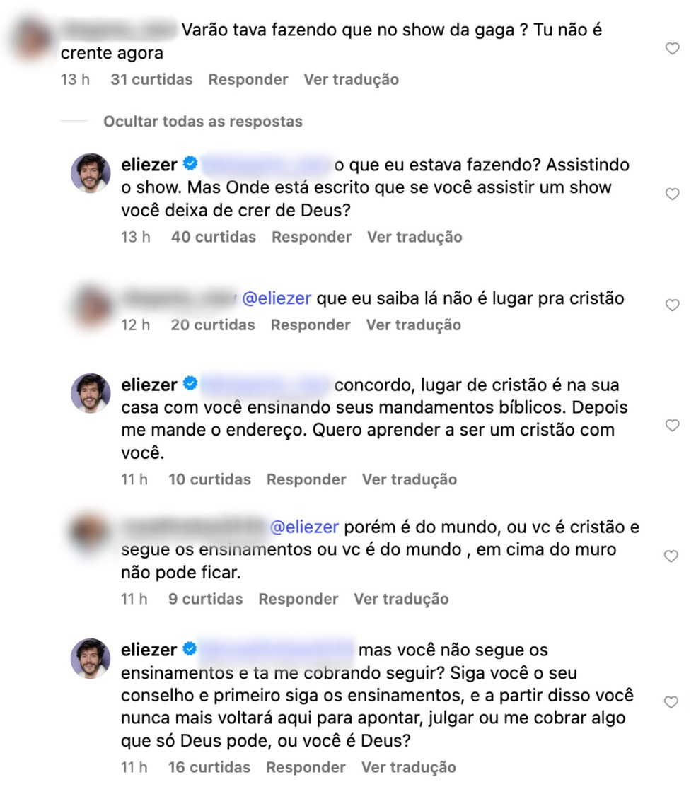 Eliezer rebate crítica por ir ao show da Lady Gaga após conversão — Foto: Reprodução/Instagram