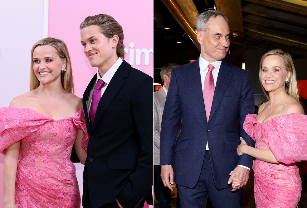 Reese Witherspoon e o filho Deacon Phillippe, e o namorado, Oliver Haarmann — Foto: Getty Images