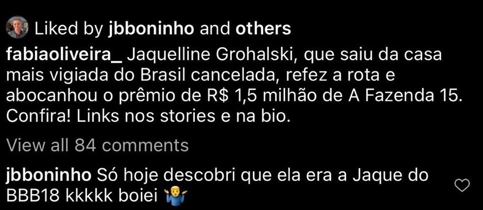 Boninho comenta vitória da ex-BBB Jaquelline Grohalski em 'A Fazenda 15' — Foto: Reprodução/Instagram