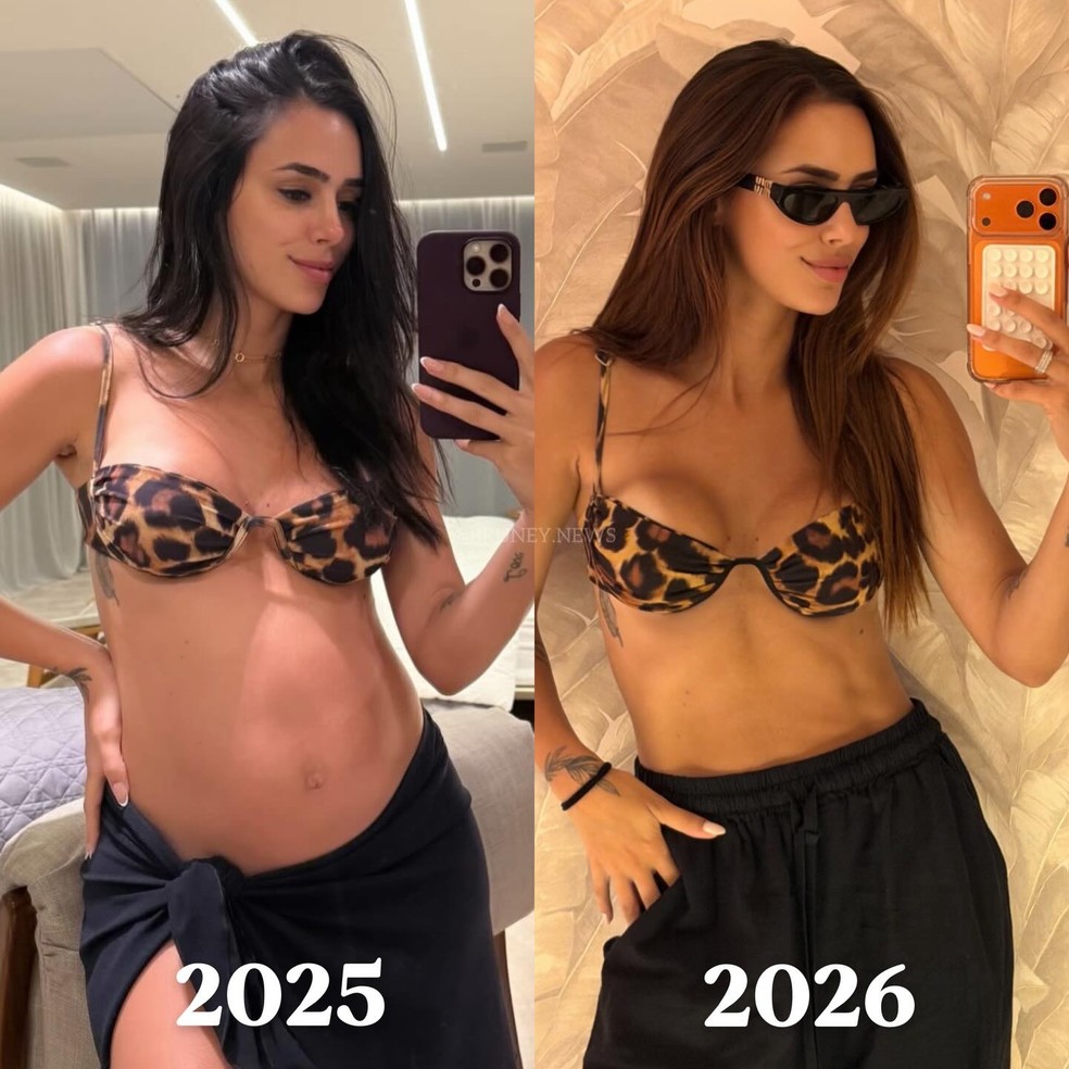 Bruna Biancardi grávida de Mel, em 2025, e atualmente, em 2026 — Foto: Reprodução/Instagram