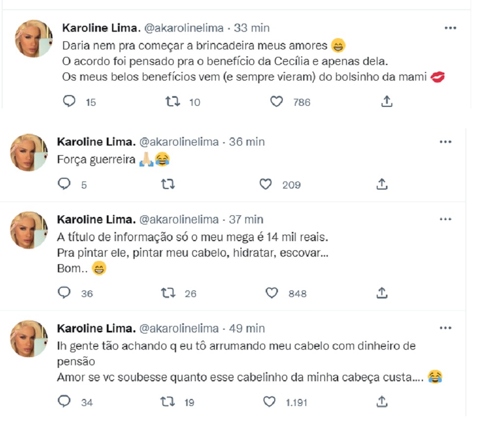 Karoline Lima fala sobre pensão — Foto: Reprodução/Twitter
