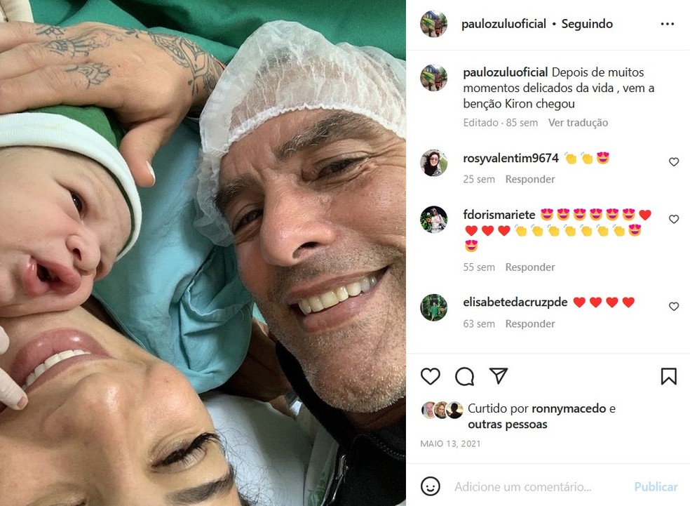 Paulo Zulu e Elaine Quisinski no dia do nascimento de Kiron, em maio de 2021 — Foto: Reprodução/Instagram