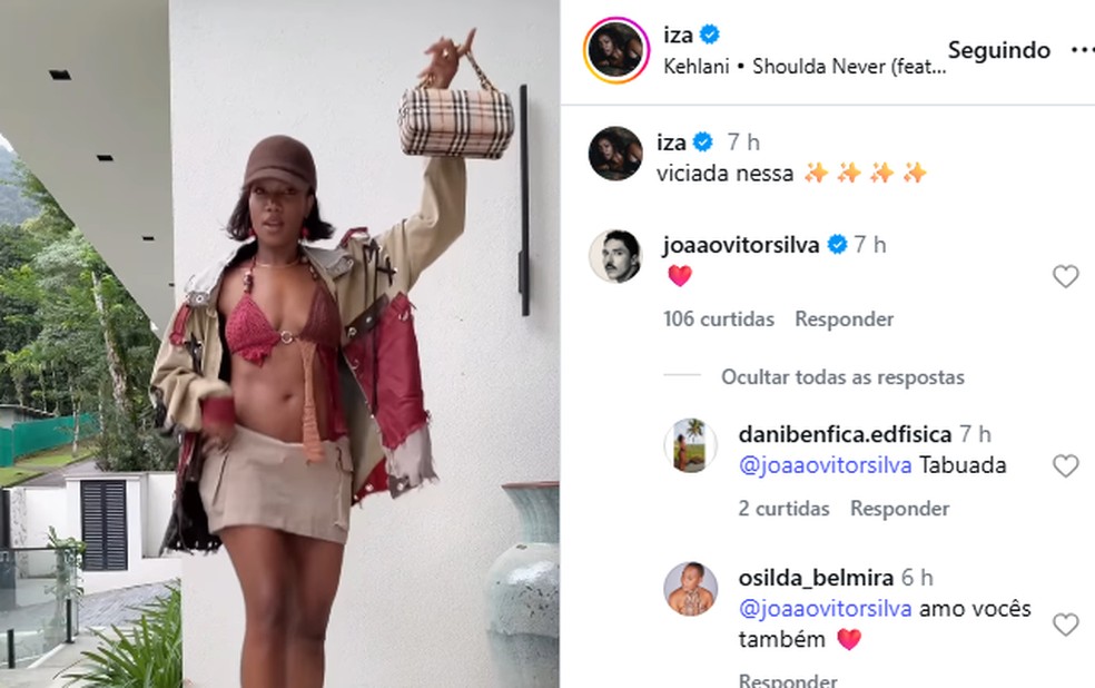 João Vitor Silva comenta vídeo da namorada, IZA — Foto: Reprodução/Instagram