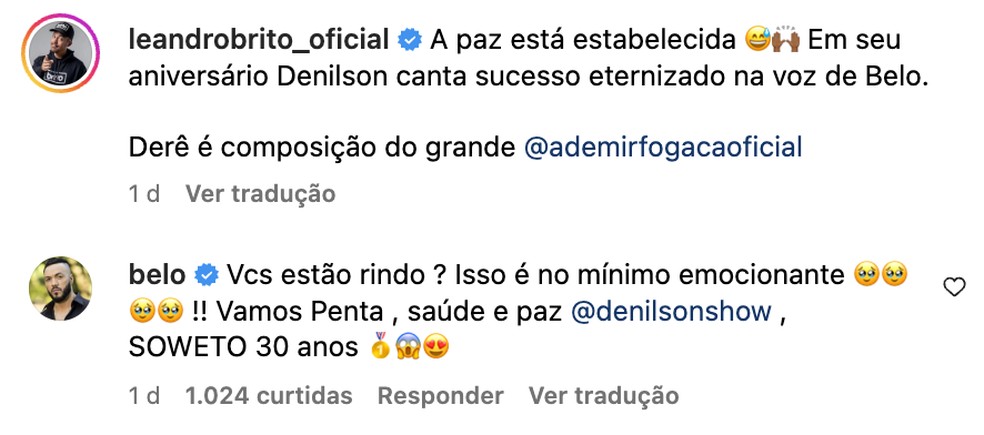 Denilson entoa 'Derê' de Belo em evento, e cantor reage — Foto: Reprodução / Instagram