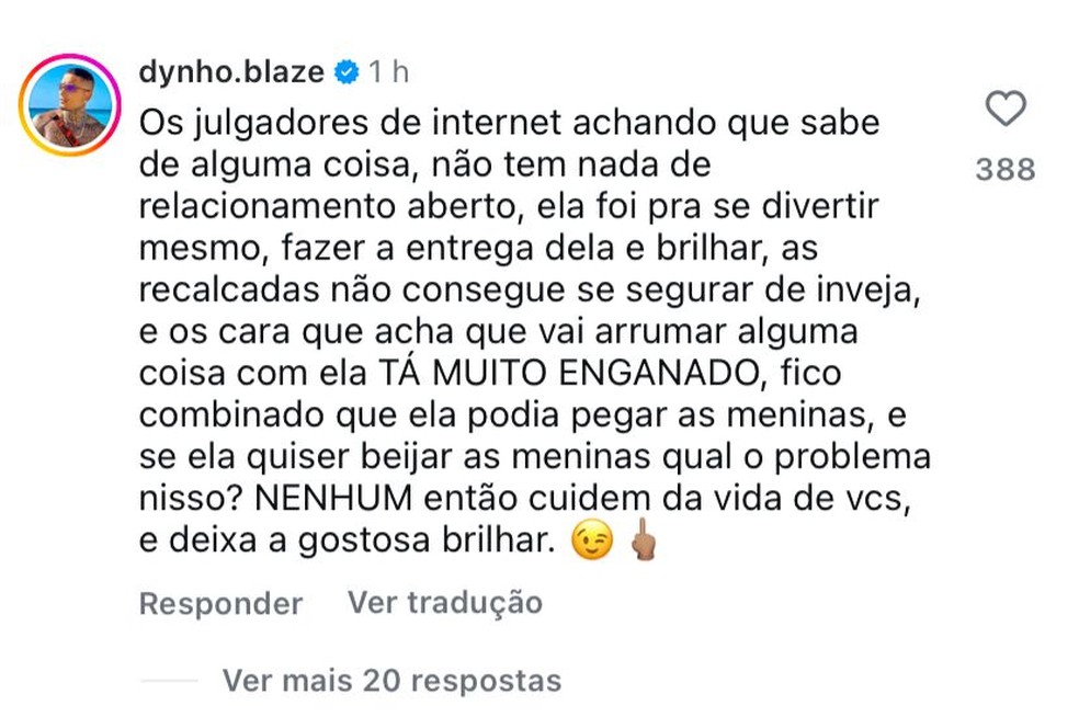 Comentário de Dynho Alves — Foto: Instagram | @fofocas