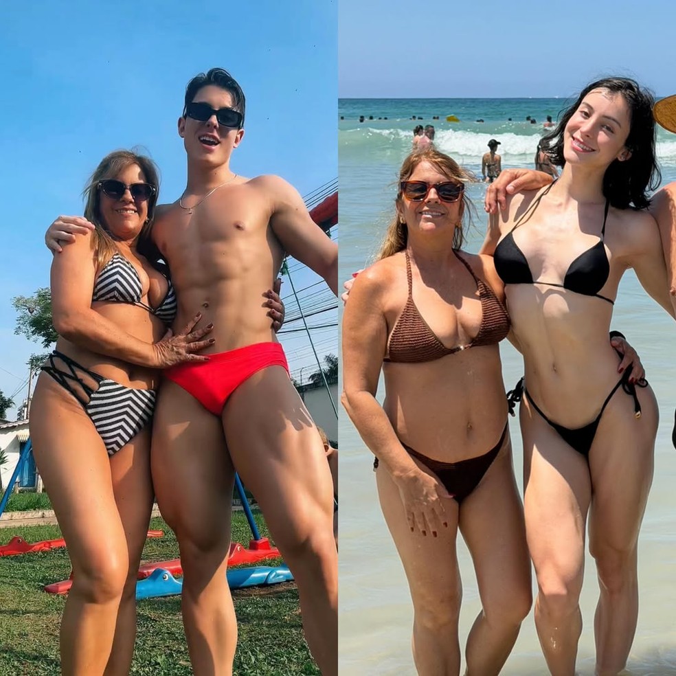 Bella Longuinho com a mãe, Jurema Longuinho, antes e depois da transição — Foto: Reprodução/Instagram