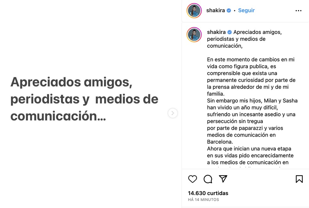 Shakira pede privacidade após mudança para Miami com os filhos — Foto: Reprodução / Instagram