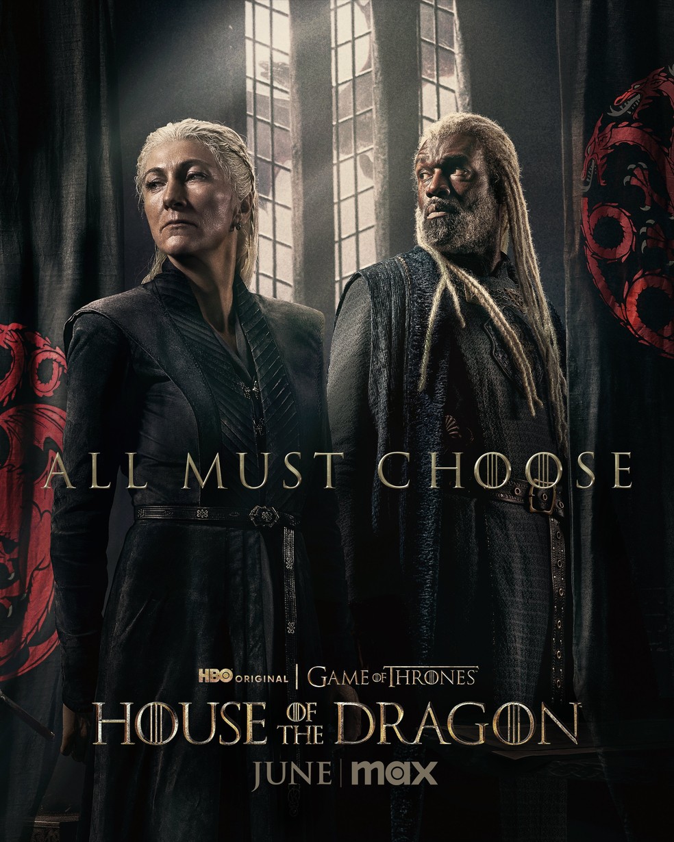 Eve Best, a princesa Rhaenys Targaryen, e Steve Toussaint, o Corlys Velaryon, de 'A Casa do Dragão' — Foto: Divulgação/Max