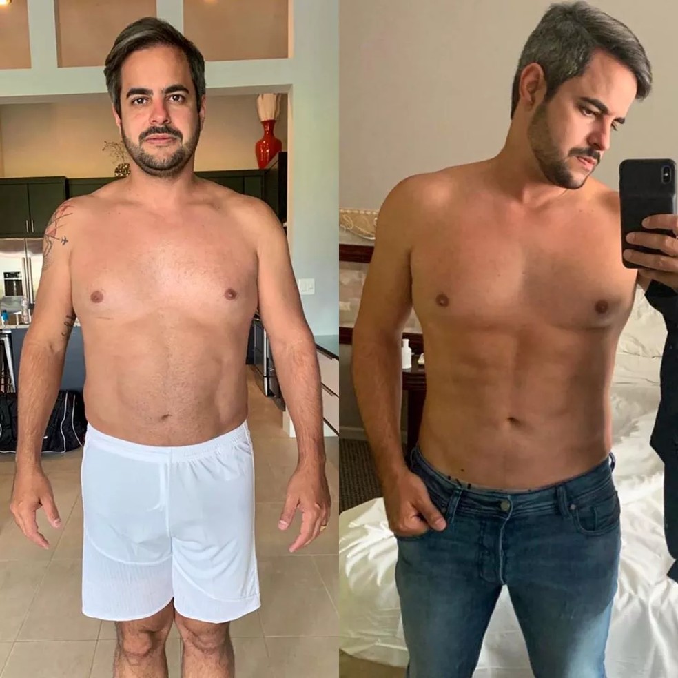 Kaká Diniz mostra antes e depois do corpo após perda de peso em 2019 — Foto: Reprodução/Instagram