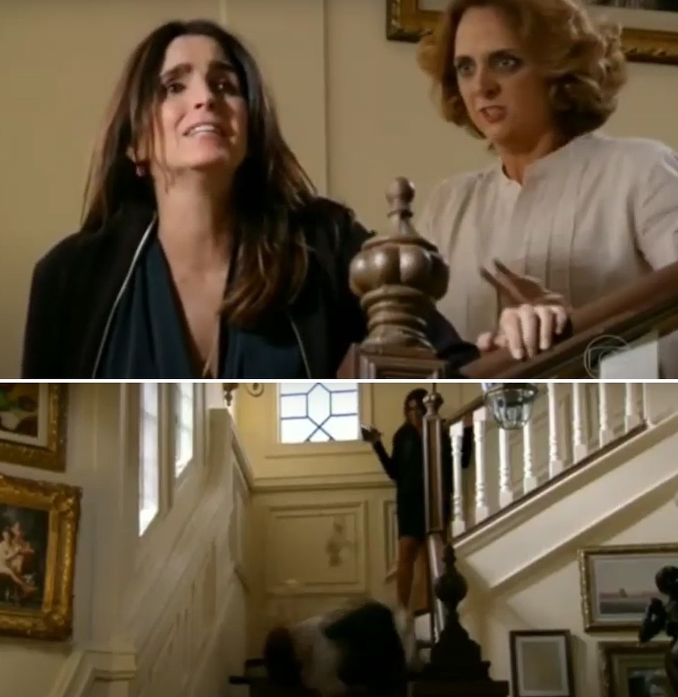 Sangue Bom (Globo, 2013): Brenda (Letícia Isnard) tenta cometer crime da escada contra Rosemere (Malu Mader), mas acaba levando a pior — Foto: Reprodução/TV Globo