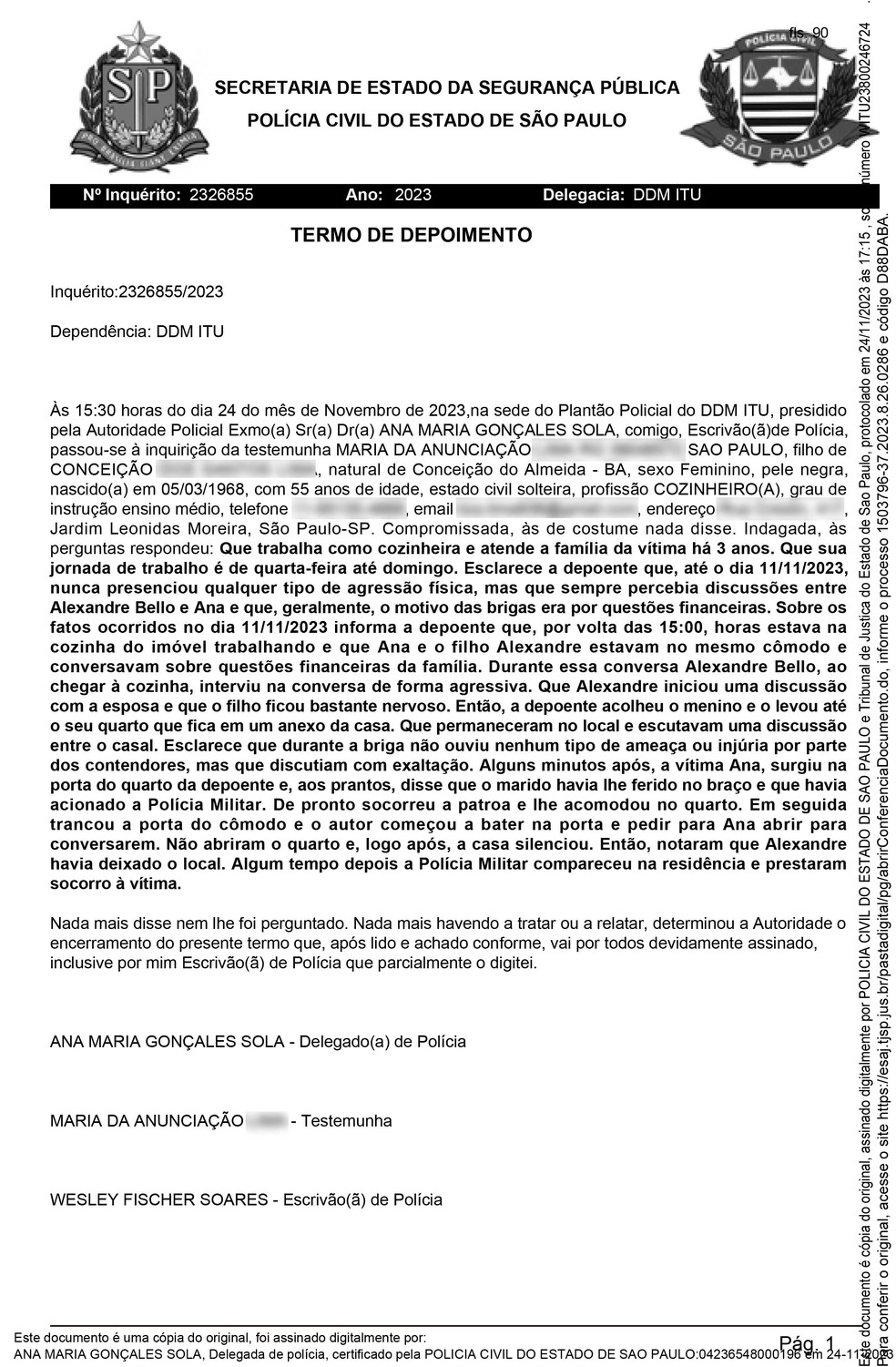 Termo de depoimento da cozinheira de Ana Hickmann — Foto: Reprodução