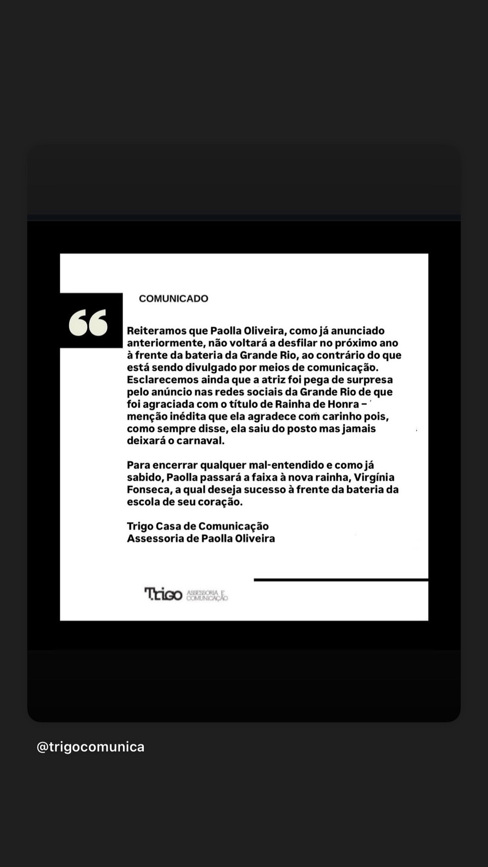 Paolla Oliveira posta comunicado — Foto: Reprodução/Instagram