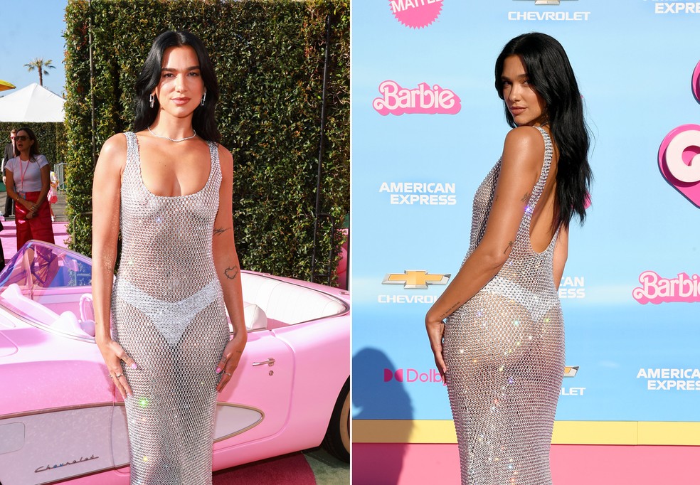 Sem sutiã, Dua Lipa arrasa com look transparente telado em première de Barbie