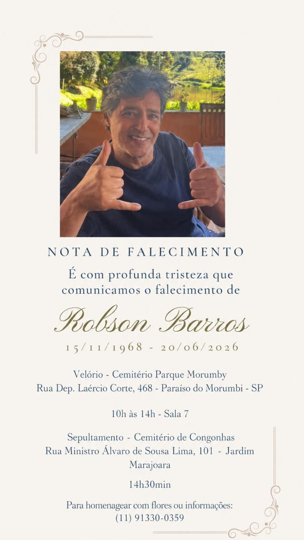 Nota de falecimento de Robson &mdash; Foto: Reprodu&ccedil;&atilde;o/Instagram
