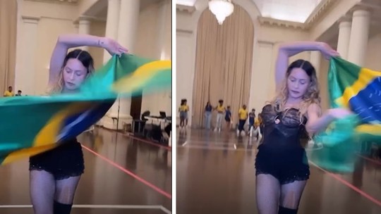 Horas antes de show histórico, Madonna dança com a bandeira do Brasil