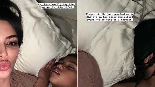 Kim Kardashian leva soco no olho enquanto filho dorme: "Não é fofo como pensei"
