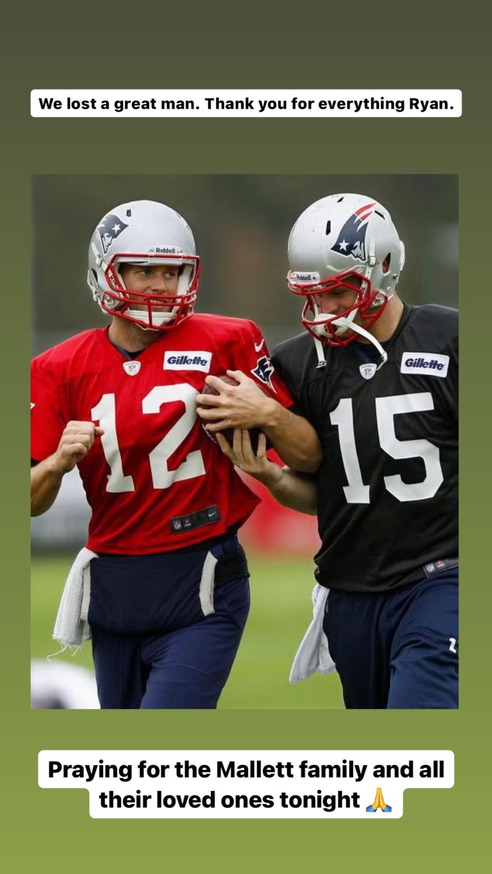 Tom Brady lamenta a morte de Ryan Mallett, seu ex-colega do New England Patriots — Foto: Instagram