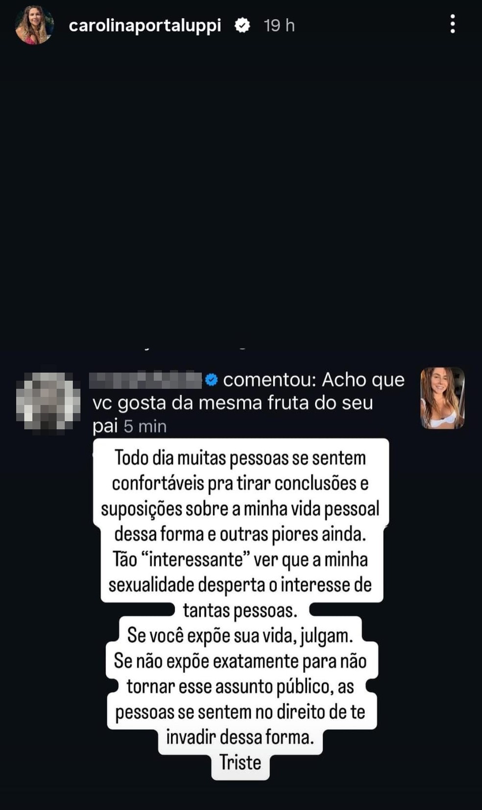 Carol Portaluppi desabafa após ter sua orientação sexual questionada por internauta — Foto: Reprodução/Instagram